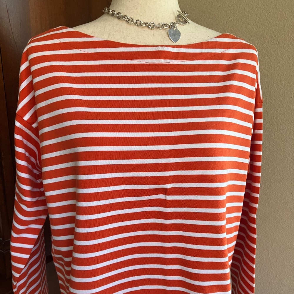 Ralph Lauren Orange and White Cropped  Striped Mariner T  size Large